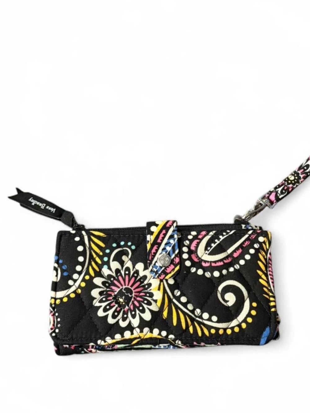 Vera Bradley Black Floral Quilted Wristlet with Pink Yellow Blue Accents